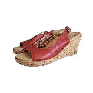 Crocs A-Leigh Red Leather Slingback Strap Cork Wedge Sandals Women's Size 6